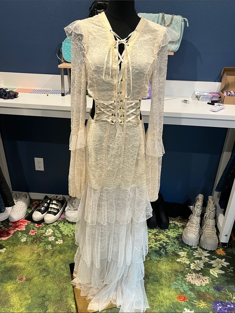 NWOT Current Mood Romantic Lace Tiered Maxi Dress in Cream